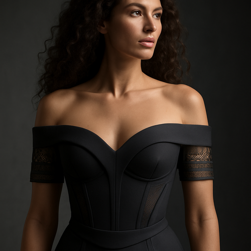 Luxury off-shoulder Bardot sports top with sculpting technical material and graphic transparent lace bands wrapping around the bust and upper arms. The shape is bold, sensual, and architectural, emphasizing collarbones and posture. Model: 32 years old, 170cm, 58kg, long curly hair. Studio with dramatic soft lighting, editorial shadows, 8K detail, Lauren Secret high-fashion bridal sport.”