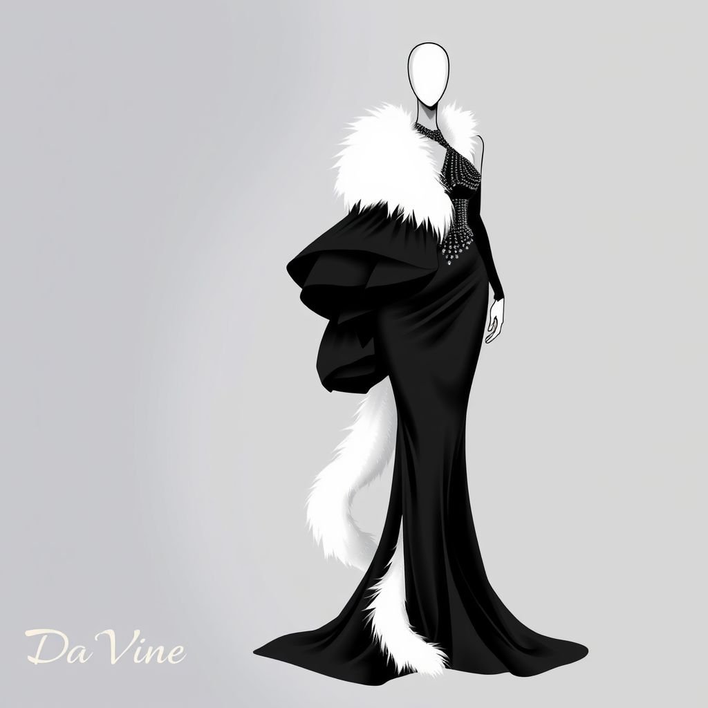 Create me a unique dress, something that cruella would make. Put “Da’Vine” in the bottom left corner
Design an elegant evening gown inspired by Cruella's dramatic flair. Envision a floor-length silhouette crafted from luxurious black silk, featuring asymmetrical layers and bold white faux fur accents. The gown embodies sophistication with intricate beadwork and a flowing train. Place the name "Da'Vine" artistically in the bottom left corner for a signature touch.