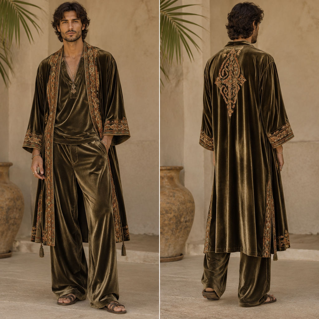 A Male fashion design, made of Velvet, with a crisp, structured drape, suited to a Tropical climate, in Bohemian style, shown on a model with a tall figure Present it as professional fashion catalogue photography: the garment is the subject, shown full-length with editorial styling, neutral posing and tasteful, non-suggestive framing.
photorealistic fashion design, A Male fashion design, made of Velvet, with a crisp, structured drape, suited to a Tropical climate, in Bohemian style, shown on a model with a tall figure Present it as professional fashion catalogue photography: the garment is the subject, shown full-length with editorial styling, neutral posing and tasteful, non-suggestive framing., bohemian style, just the design no text
