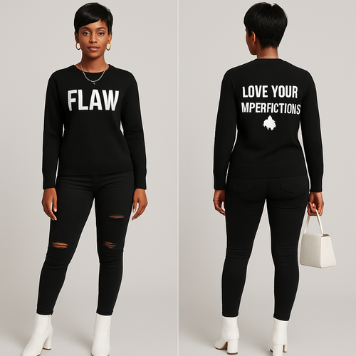 Black woman 
Pixie cut 
Black Long sleeve sweater shirt on the front it says Flaw in white and on the back it says in white Love Your Imperfections🌸
Tight black ripped jeans 
White boot heels 
Good jewelry 
White purse 
