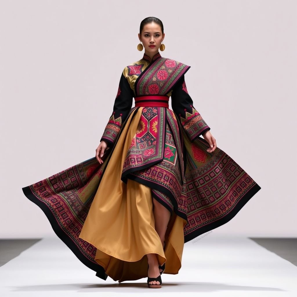 Hmong
Create a striking runway ensemble inspired by Hmong culture, featuring bold, intricate embroidery and vibrant geometric patterns. Envision a flowing, asymmetrical silk gown with layered panels, showcasing traditional textile artistry. Accentuate with oversized statement accessories, dramatic draping, and a high-fashion silhouette that celebrates heritage while captivating the contemporary runway audience.