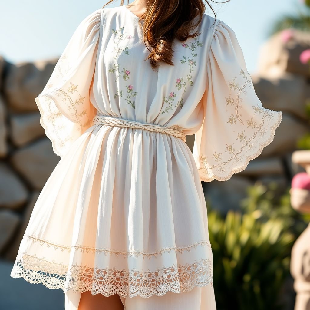 שמלה קיצית בסטייל קליל יווני
Imagine a summer dress with a light Greek-inspired flair, featuring soft, flowing fabrics in pastel hues. The design incorporates delicate hand-embroidered floral motifs and intricate lace trim along the hemline. A cinched waist with a braided belt enhances the silhouette, while billowing sleeves create an effortlessly graceful look, perfect for sunlit gatherings.