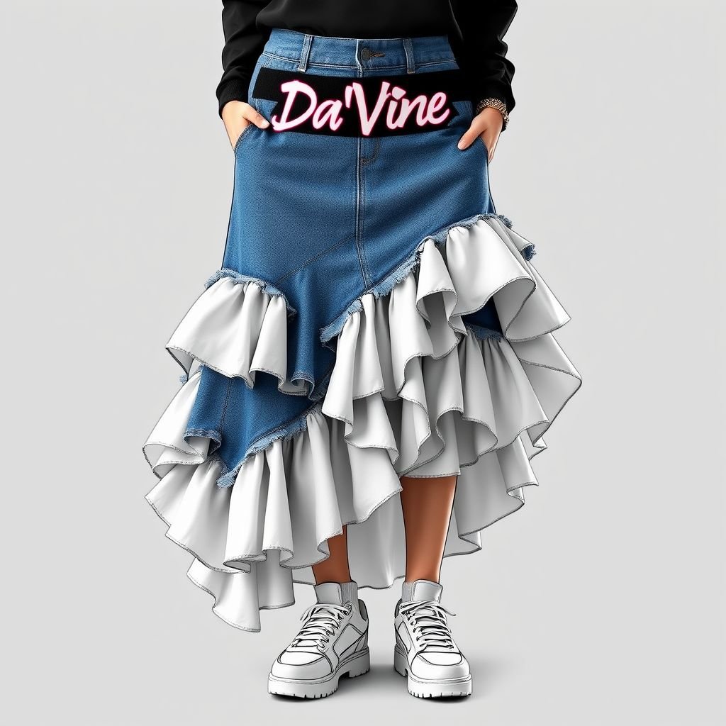 A denim jean midi skirt with white ruffles on it. “Da’Vine” on the stretchy waste band
Design an oversized denim midi skirt, featuring a raw hem and edgy white ruffles cascading asymmetrically. The skirt includes a stretchy waistband boldly emblazoned with “Da’Vine” in a graffiti-inspired font. Pair this with chunky sneakers, layered graphic tees, and statement accessories for an elevated streetwear look that defies convention.