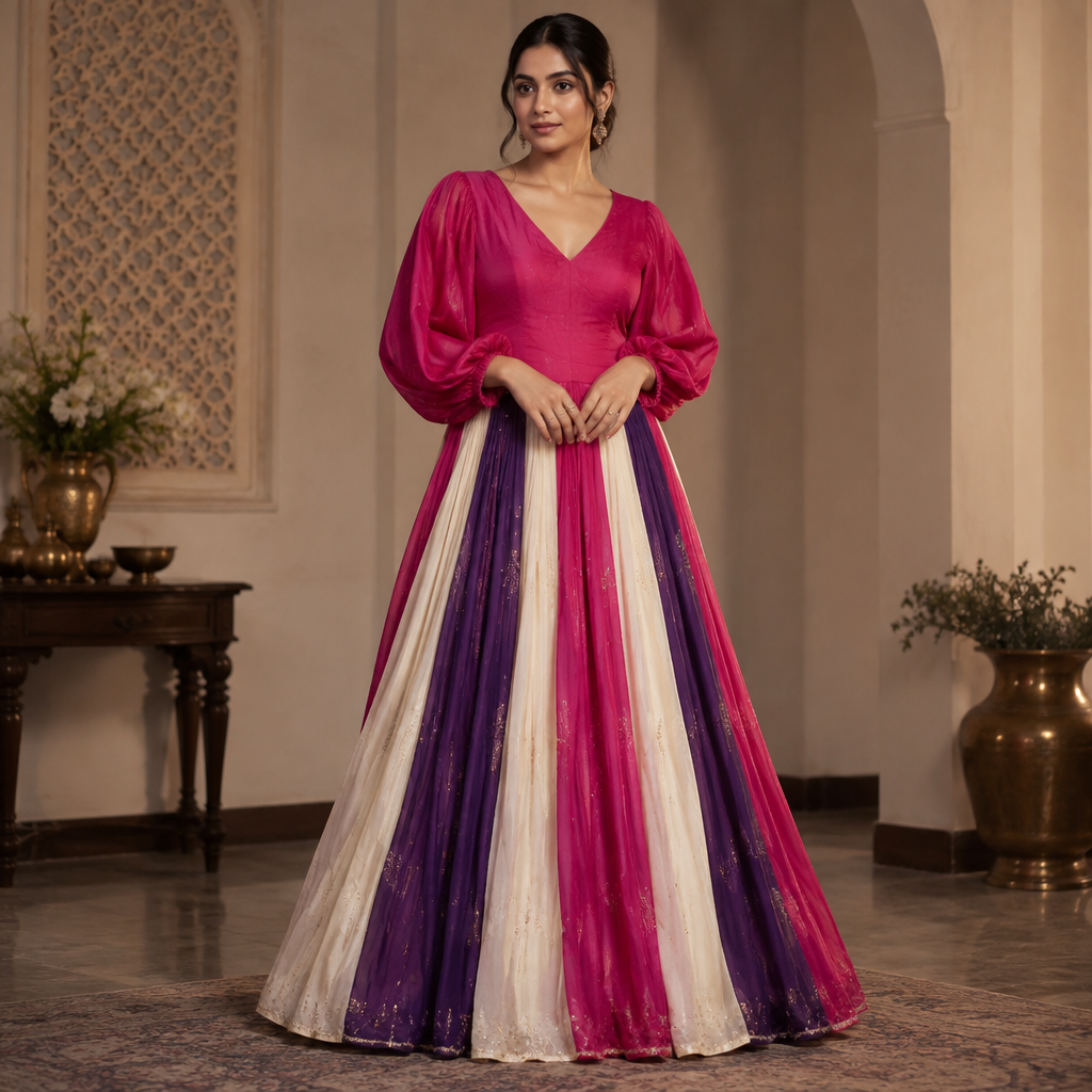 A Female fashion design, in Classic style. bottom portion sequence with wight colour . Rani pink colour and purple colour cloth. balloon sleeve hand. v neck with simple design. India fashion aesthetics. Present it as professional fashion catalogue photography: the garment is the subject, shown full-length with editorial styling, neutral posing and tasteful, non-suggestive framing.
photorealistic fashion design, A Female fashion design, in Classic style. bottom portion sequence with wight colour . Rani pink colour and purple colour cloth. balloon sleeve hand. v neck with simple design. India fashion aesthetics. Present it as professional fashion catalogue photography: the garment is the subject, shown full-length with editorial styling, neutral posing and tasteful, non-suggestive framing., classic style, just the design no text