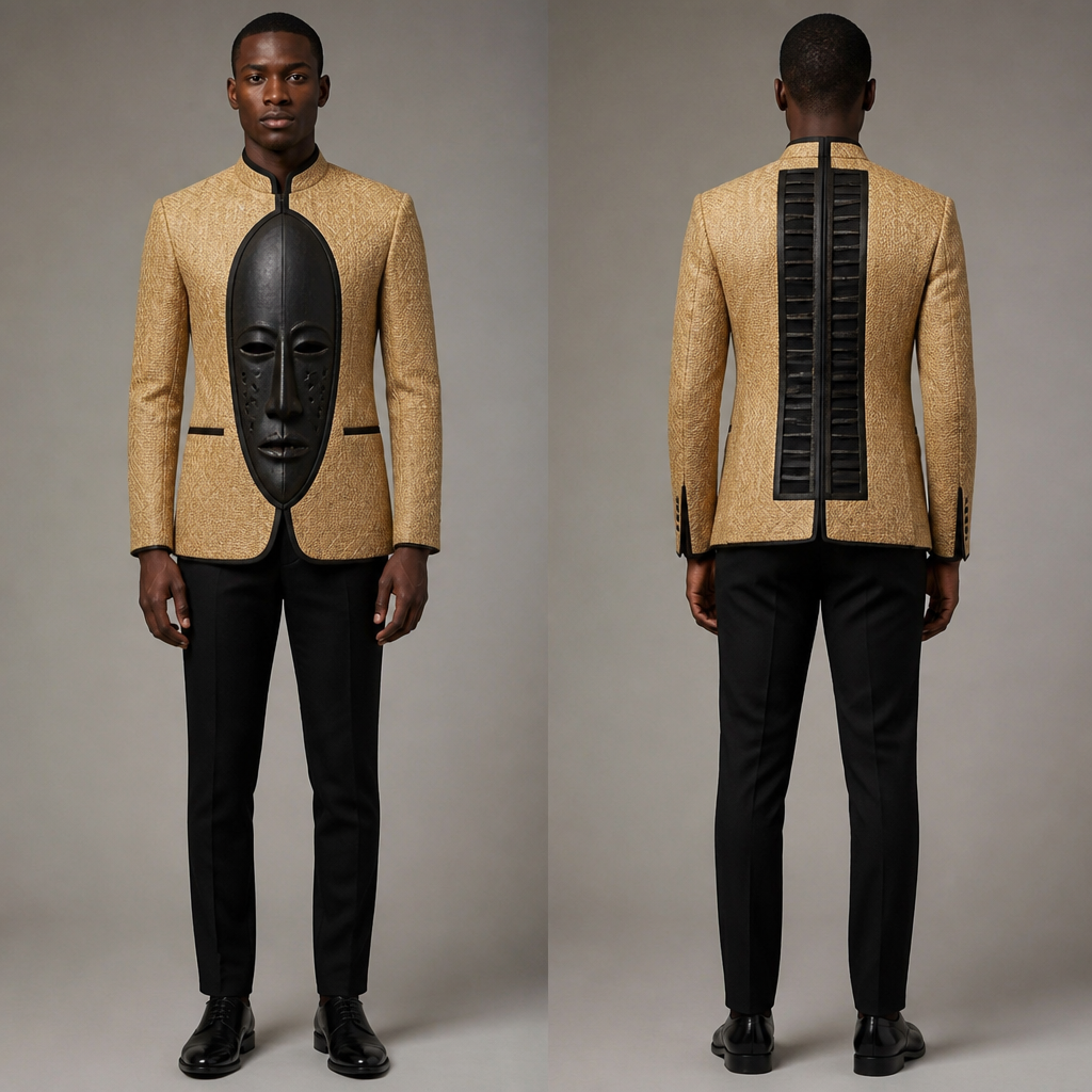 A Male Jacket design. ensemble veste pantalon une veste col mao avec du rafia et un masce du gabon devant. GA fashion aesthetics.
photorealistic fashion design, A Male Jacket design. ensemble veste pantalon une veste col mao avec du rafia et un masce du gabon devant. GA fashion aesthetics., just the design no text, show front and back