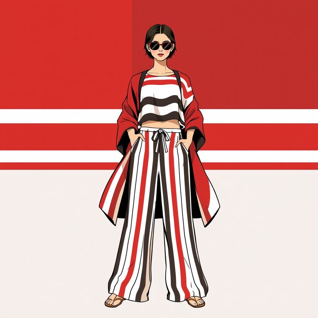 Homewewr
Design a chic homewear ensemble featuring bold, oversized horizontal and vertical stripes in contrasting colors. Incorporate a flowy, cropped striped top paired with high-waisted, wide-leg striped pants. Accentuate with a matching striped kimono for layering. Play with varying stripe widths for visual interest, ensuring ultimate comfort and stylish flair for relaxation.