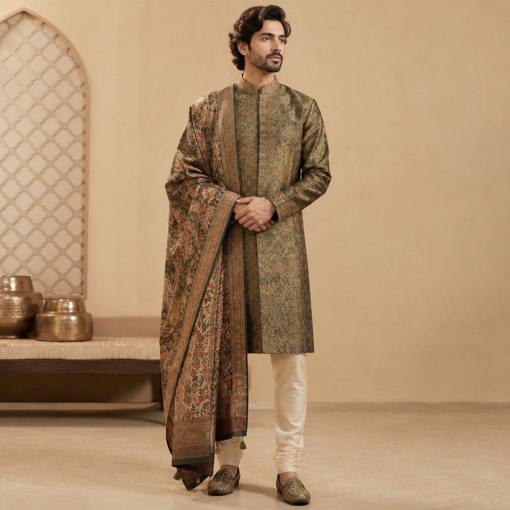 A Male fashion design. Consider Indian fashion aesthetics — consider saree, lehenga, salwar kameez, kurti, anarkali; local fabrics like chanderi, banarasi, chikankari, block prints; vibrant colors and rich embroidery. Current season is Autumn in India. Present it as professional fashion catalogue photography: the garment is the subject, shown full-length with editorial styling, neutral posing and tasteful, non-suggestive framing.
photorealistic fashion design, A Male fashion design. Consider Indian fashion aesthetics — consider saree, lehenga, salwar kameez, kurti, anarkali; local fabrics like chanderi, banarasi, chikankari, block prints; vibrant colors and rich embroidery. Current season is Autumn in India. Present it as professional fashion catalogue photography: the garment is the subject, shown full-length with editorial styling, neutral posing and tasteful, non-suggestive framing., just the design no text