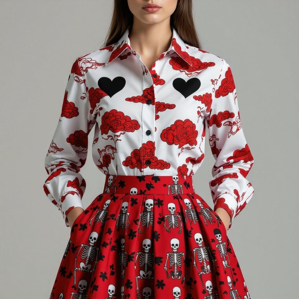 Like not a dress but like a shirt type and it should be like red cloud with black hearts on it and the skirt should be also red but with black skeletons
Red cloud print cotton shirt with black heart accents. Matching red cotton skirt with black skeleton print.