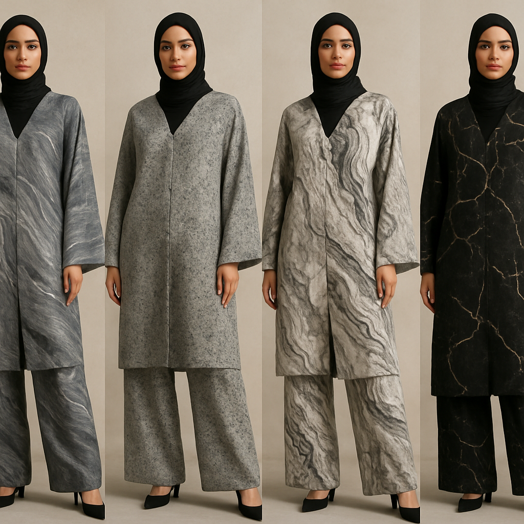 Create a modest abaya and loose pant, first of its kind, featuring a unique stone design that exudes a classy and sophisticated vibe. I'd like four designs, each showcasing different styles and fabrics. Incorporate high-end, unique chic stone designs to make them truly special. Add little sophisticated stone designs. Make it irresistible with designs that stands out.
Create a modest abaya and loose pant, first of its kind, featuring a unique stone design that exudes a classy and sophisticated vibe. I'd like four designs, each showcasing different styles and fabrics. Incorporate high-end, unique chic stone designs to make them truly special. Add little sophisticated stone designs. Make it irresistible with designs that stands out.