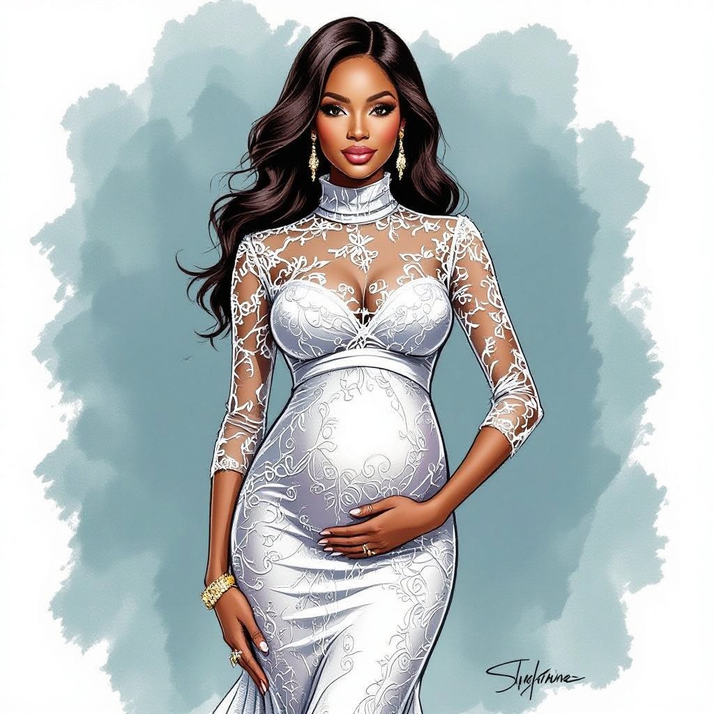 A full pencil sketch from head to toe of pure pencil sketch of an African black woman of a pregnant woman in a beaded turtle neck lace maternity dress full head to toe pencil sketch
Elegant fashion: A full pencil sketch of an elegant, pregnant African woman in a beaded, turtleneck lace maternity dress.