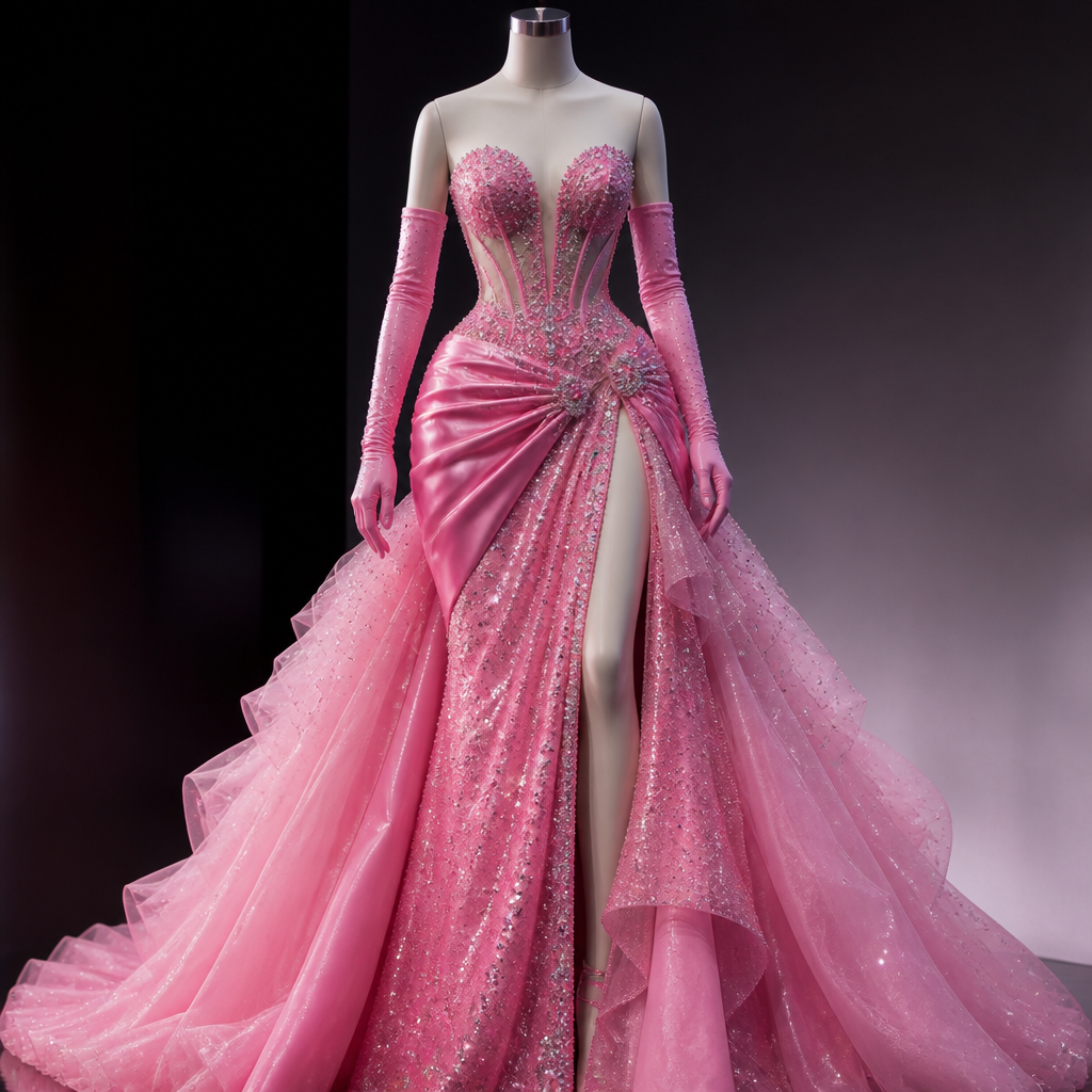A Dress design, in Glamorous style. vestido inspirado en Barbie de color rosa con guantes y pedrería brillante. NI fashion aesthetics.
photorealistic fashion design, A Dress design, in Glamorous style. vestido inspirado en Barbie de color rosa con guantes y pedrería brillante. NI fashion aesthetics., glamorous style, just the design no text