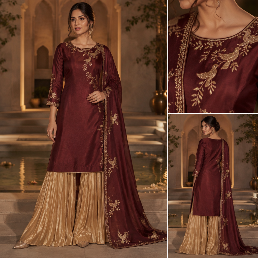 A Salwar Kameez design, suitable for Fall, in Glamorous style. with a silk maroon fabric ,and gold pleated,pajama like plasoo and maroon silk fabric dupatta silk fabri simple find bird design neck Sid dupatta same and like royal glamous with module wear. Bangladesh fashion aesthetics. Present it as professional fashion catalogue photography: the garment is the subject, shown full-length with editorial styling, neutral posing and tasteful, non-suggestive framing.
photorealistic fashion design, A Salwar Kameez design, suitable for Fall, in Glamorous style. with a silk maroon fabric ,and gold pleated,pajama like plasoo and maroon silk fabric dupatta silk fabri simple find bird design neck Sid dupatta same and like royal glamous with module wear. Bangladesh fashion aesthetics. Present it as professional fashion catalogue photography: the garment is the subject, shown full-length with editorial styling, neutral posing and tasteful, non-suggestive framing., glamorous style, just the design no text