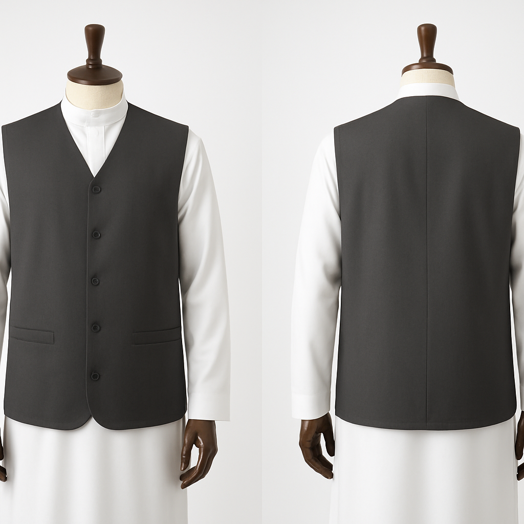 ‏) 360° Turntable / Product Mockup  
‏"Product mockup for 360° turntable: sleeveless hip-length sedri over a white Saudi thawb on a luxurious wooden mannequin, plain white background, even studio lighting, multiple frames for rotational view, clear stitching and seam detail, e-commerce ready, high realism --ar 16:9 --v 5 --q 2"


‏) 360° Turntable / Product Mockup  
‏"Product mockup for 360° turntable: sleeveless hip-length sedri over a white Saudi thawb on a luxurious wooden mannequin, plain white background, even studio lighting, multiple frames for rotational view, clear stitching and seam detail, e-commerce ready, high realism --ar 16:9 --v 5 --q 2"
, show front and back