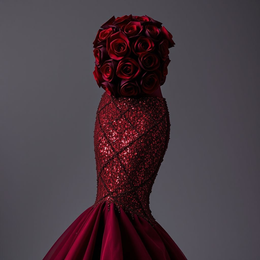 A long, deep red, almost wine, colored mermaid gown with red glitter. The top the part like around the boobs should be made completely of red roses. Kinda like red and like deep, red, almost black roses covering like the boobs.
Envision a stunning deep wine mermaid gown, adorned with shimmering red glitter that catches the light at every angle. The bodice is an exquisite bouquet of rich, velvety roses, blending deep reds and almost black petals, elegantly sculpting the figure. The gown flows dramatically, exuding timeless grace for a formal evening affair.