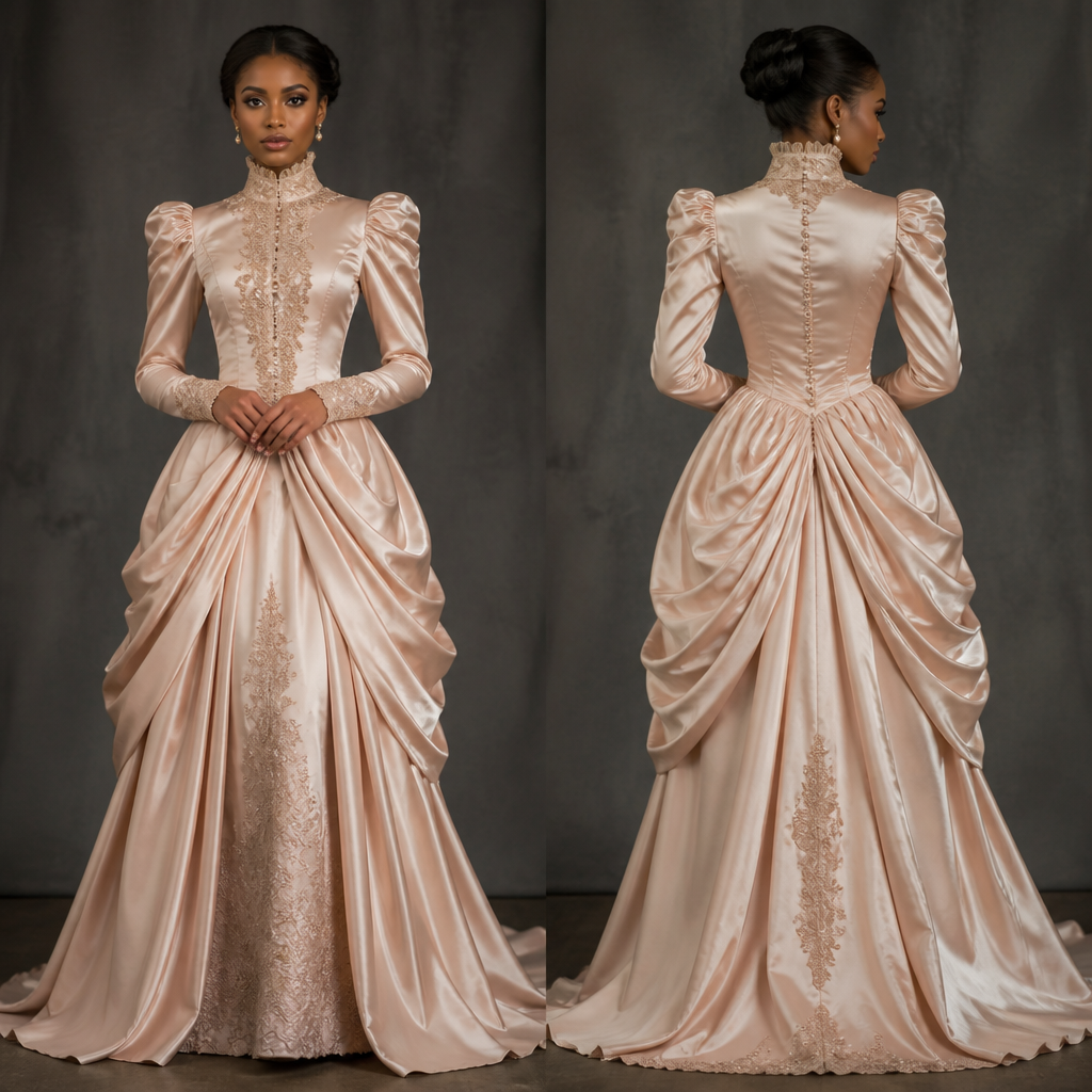 A Female Dress design, made of Silk, for Party, in Elegant + Glamorous + Victorian style. Nigeria fashion aesthetics.
photorealistic fashion design, A Female Dress design, made of Silk, for Party, in Elegant + Glamorous + Victorian style. Nigeria fashion aesthetics., elegant style, just the design no text, show front and back