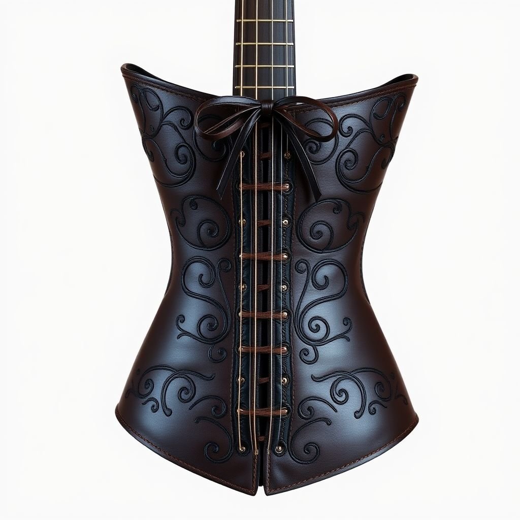 Make an acoustic guitar shaped corset where the guitar neck goes up and splits into 2 to make straps for a halter top and have that tie in the back. Make the guitar dark brown.
Design a stunning acoustic guitar-shaped corset in rich, dark brown leather, featuring intricate string-like embroidery that mirrors real guitar strings. The neck elegantly splits into dual halter straps, tying at the back with a chic bow. This whimsical piece seamlessly blends music and fashion, perfect for edgy, artistic runway looks.