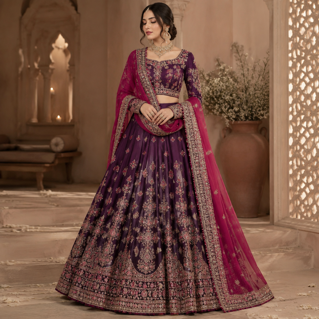 A Female Lehenga design, in Elegant style. girl ke eyes close hon ache se purple color ka lehnga ho sath dark pink dopata gale mean ho.. Pakistan fashion aesthetics. Present it as professional fashion catalogue photography: the garment is the subject, shown full-length with editorial styling, neutral posing and tasteful, non-suggestive framing.
photorealistic fashion design, A Female Lehenga design, in Elegant style. girl ke eyes close hon ache se purple color ka lehnga ho sath dark pink dopata gale mean ho.. Pakistan fashion aesthetics. Present it as professional fashion catalogue photography: the garment is the subject, shown full-length with editorial styling, neutral posing and tasteful, non-suggestive framing., elegant style, just the design no text