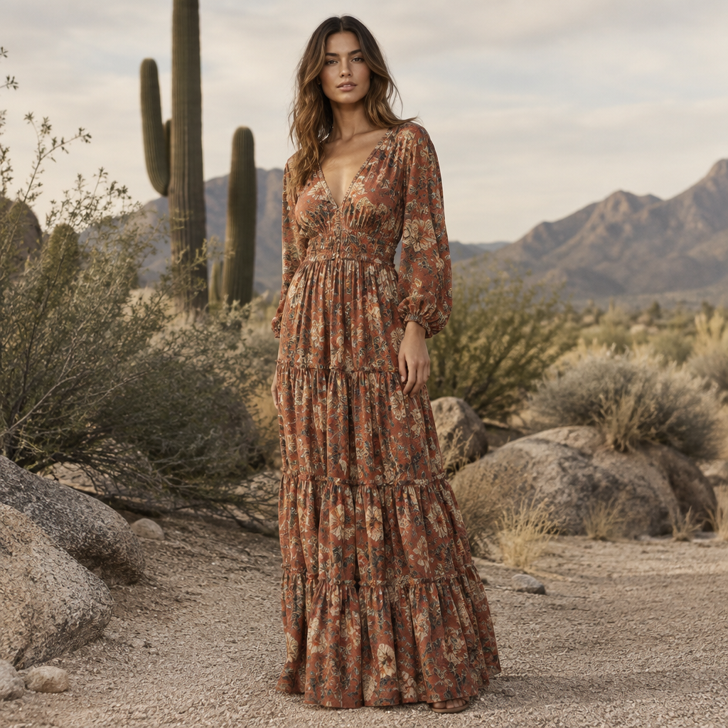 A Dress design. AZ fashion aesthetics. Current season is Autumn in AZ. Present it as professional fashion catalogue photography: the garment is the subject, shown full-length with editorial styling, neutral posing and tasteful, non-suggestive framing.
photorealistic fashion design, A Dress design. AZ fashion aesthetics. Current season is Autumn in AZ. Present it as professional fashion catalogue photography: the garment is the subject, shown full-length with editorial styling, neutral posing and tasteful, non-suggestive framing., just the design no text