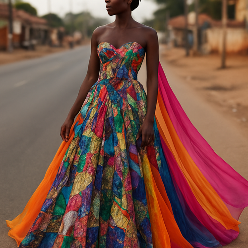 I want to Create one of kind colorful gown made from scrap fabric with iridescent touches and design with a colorful two tone chiffon for high end fashionista that will give it a sophisticated and gorgeous look on a real human dark skin modeling it on the roadside of a street in Africa.