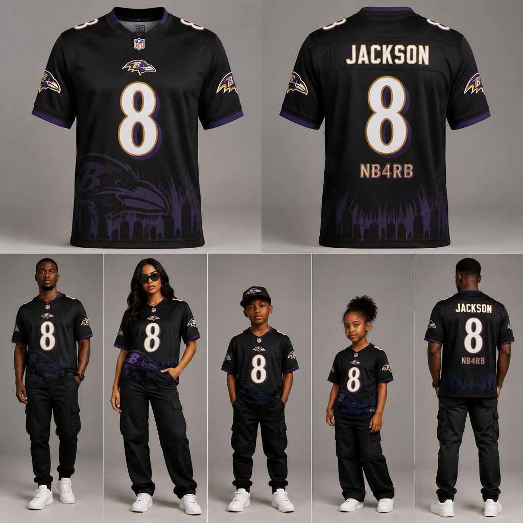 I want to design tbe American football team Baltimore Ravens shirt with a jersey no 8 back and front and on top at the back it should have the name JACKSON and at the bottom it should be writee written NB4RB this should be for males ,females and kids as well as unisex design. South Africa fashion aesthetics. Present it as professional fashion catalogue photography: the garment is the subject, shown full-length with editorial styling, neutral posing and tasteful, non-suggestive framing.
photorealistic fashion design, I want to design tbe American football team Baltimore Ravens shirt with a jersey no 8 back and front and on top at the back it should have the name JACKSON and at the bottom it should be writee written NB4RB this should be for males ,females and kids as well as unisex design. South Africa fashion aesthetics. Present it as professional fashion catalogue photography: the garment is the subject, shown full-length with editorial styling, neutral posing and tasteful, non-suggestive framing., just the design no text