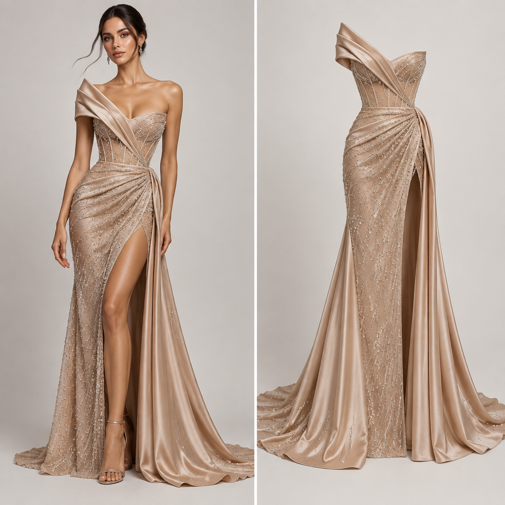 Create ONE completely original ultra-luxury evening gown that feels so special, distinctive, and perfectly aligned with my taste that it looks as if it was created only for me.
The dress must have a strong designer identity and look exclusive, unforgettable, elegant, feminine, modern, and high-end.
Very important:
Use only REALISTIC FABRICS that exist in the real fashion world and are globally used in luxury eveningwear. Do NOT invent fantasy fabrics.
Allowed real fabrics include, when suitable:
silk satin, duchess satin, crepe, chiffon, organza, tulle, mikado, velvet, lace, jacquard, beaded tulle, sequined mesh, crystal-embellished fabric, and embroidered couture fabrics.
If I uploaded a fabric image, use my uploaded fabric exactly as it is and preserve its real color, texture, shine, weight, and pattern. Do not replace it or invent another fabric.
Design direction:
- ultra-modern luxury evening gown
- couture-level elegance
- feminine and body-flattering
- visually striking and memorable
- fashion-forward, not basic
- exclusive and unique, not like a common market dress
- sexy in a refined, elegant way
- suitable for a luxury fashion house or red-carpet collection
Create a silhouette that feels special and rare, with beautiful construction and a clear wow factor.
You may explore refined design elements such as:
- sculptural neckline
- elegant off-shoulder or asymmetric cut
- beautifully defined waist
- clean draping in a strategic area
- elegant slit if suitable
- sophisticated open back if suitable
- modern cut-outs only if tasteful
- distinctive couture seam lines
- a dramatic but polished silhouette
Avoid:
- old-fashioned evening gowns
- matronly silhouettes
- bulky ruching
- excessive pleats
- random embellishments
- cheap-looking details
- generic commercial dress shapes
- costume-like fantasy design
The final result should look like a one-of-a-kind luxury evening gown that people would immediately admire because of its beauty, originality, elegance, and designer quality.
The dress must be realistically sewable by a professional tailor using real-world luxury fabrics.
Show the full dress from head to toe on a fashion model against a clean neutral background.
photorealistic fashion design, Create ONE completely original ultra-luxury evening gown that feels so special, distinctive, and perfectly aligned with my taste that it looks as if it was created only for me.
The dress must have a strong designer identity and look exclusive, unforgettable, elegant, feminine, modern, and high-end.
Very important:
Use only REALISTIC FABRICS that exist in the real fashion world and are globally used in luxury eveningwear. Do NOT invent fantasy fabrics.
Allowed real fabrics include, when suitable:
silk satin, duchess satin, crepe, chiffon, organza, tulle, mikado, velvet, lace, jacquard, beaded tulle, sequined mesh, crystal-embellished fabric, and embroidered couture fabrics.
If I uploaded a fabric image, use my uploaded fabric exactly as it is and preserve its real color, texture, shine, weight, and pattern. Do not replace it or invent another fabric.
Design direction:
- ultra-modern luxury evening gown
- couture-level elegance
- feminine and body-flattering
- visually striking and memorable
- fashion-forward, not basic
- exclusive and unique, not like a common market dress
- sexy in a refined, elegant way
- suitable for a luxury fashion house or red-carpet collection
Create a silhouette that feels special and rare, with beautiful construction and a clear wow factor.
You may explore refined design elements such as:
- sculptural neckline
- elegant off-shoulder or asymmetric cut
- beautifully defined waist
- clean draping in a strategic area
- elegant slit if suitable
- sophisticated open back if suitable
- modern cut-outs only if tasteful
- distinctive couture seam lines
- a dramatic but polished silhouette
Avoid:
- old-fashioned evening gowns
- matronly silhouettes
- bulky ruching
- excessive pleats
- random embellishments
- cheap-looking details
- generic commercial dress shapes
- costume-like fantasy design
The final result should look like a one-of-a-kind luxury evening gown that people would immediately admire because of its beauty, originality, elegance, and designer quality.
The dress must be realistically sewable by a professional tailor using real-world luxury fabrics.
Show the full dress from head to toe on a fashion model against a clean neutral background., just the design no text