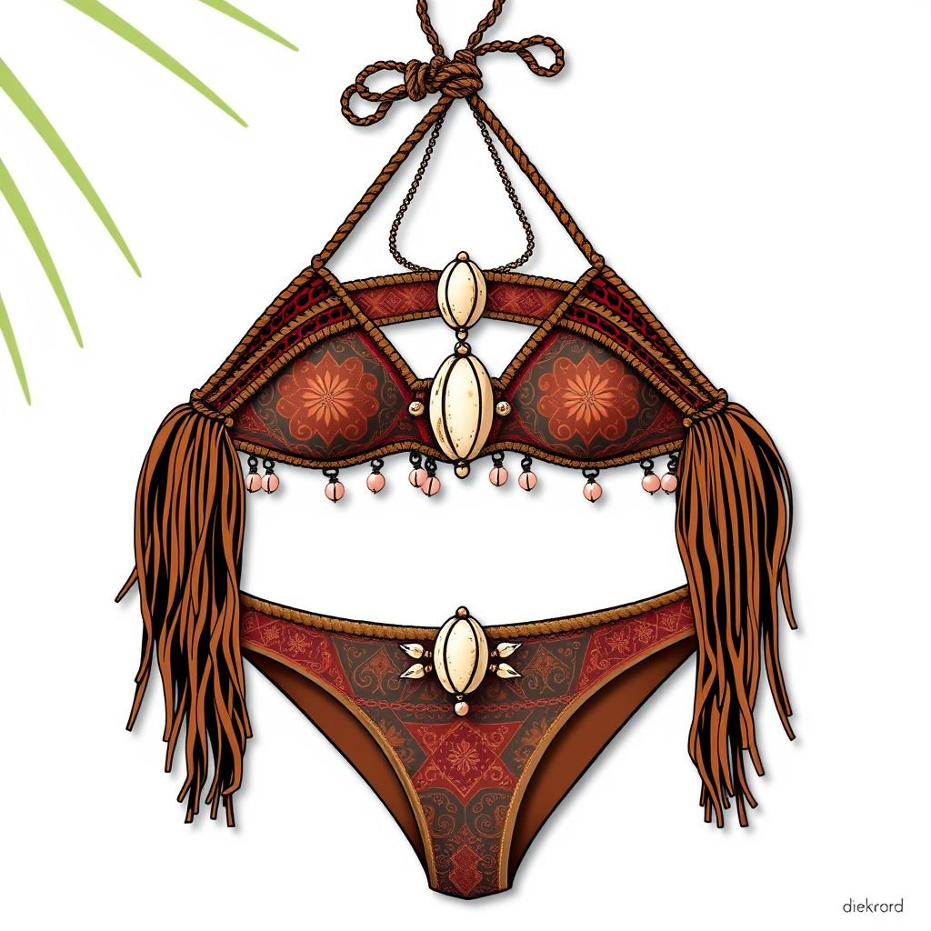 Bikini
Design a boho-chic bikini that features rich, earthy tones and intricate patterns inspired by nature. Incorporate flowing, asymmetrical fringe accents along the sides and a hand-crocheted detail on the top. Add layered, beaded embellishments and unique, oversized shell clasps, perfect for embodying a free-spirited, festival-ready vibe while embracing beachside chicness.