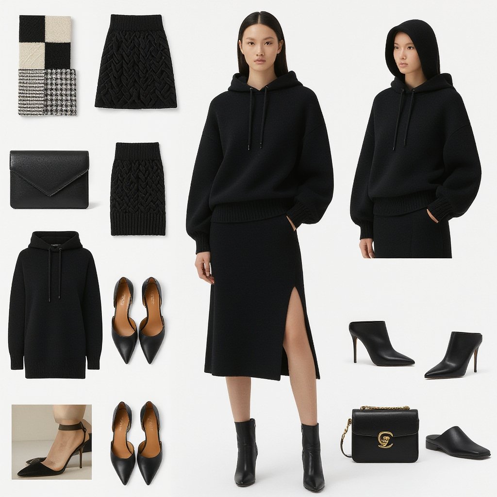 A wool skirt with wool hoodie
A black wool midi skirt with side slit and a matching wool hoodie.