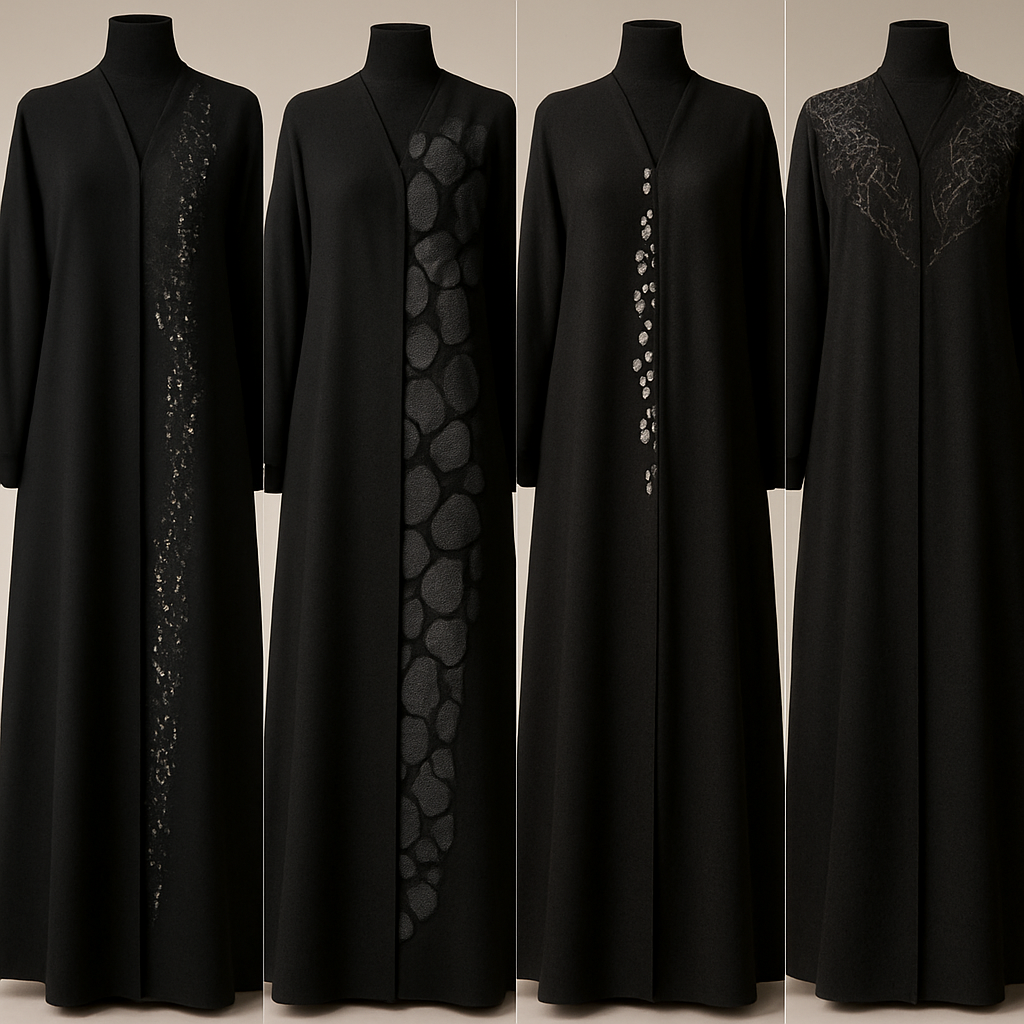Create me modest abaya that's first in the world, using unique stone design, classy and sophisticated. Keep me 4 designs. Make them rich by adding minimal stone embroidery and stones designs. Showcasing different styles and fabric.
Create me modest abaya that's first in the world, using unique stone design, classy and sophisticated. Keep me 4 designs. Make them rich by adding minimal stone embroidery and stones designs. Showcasing different styles and fabric.