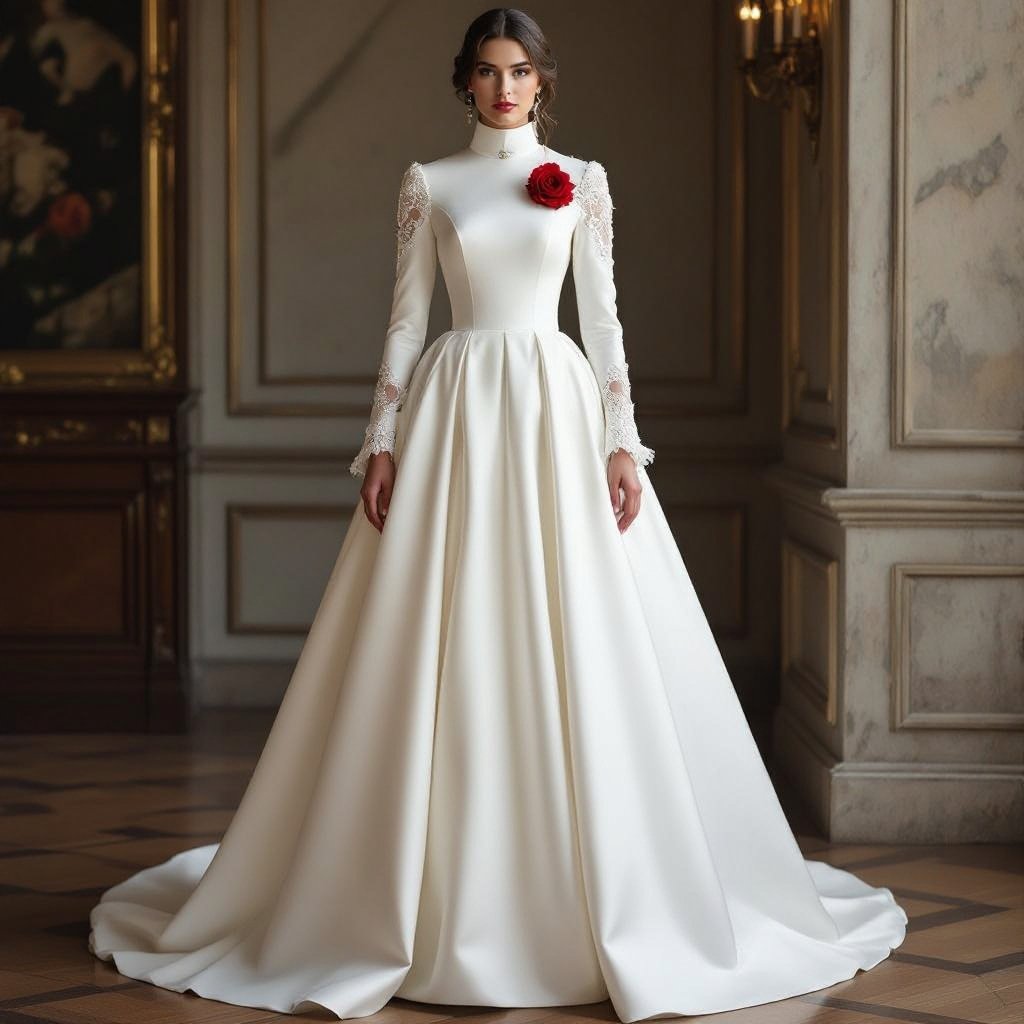 Snow White inspired wedding dress
Snow White inspired wedding dress, a regal gown silhouette in ivory silk, with a high collar and a voluminous skirt, featuring delicate lace at the sleeves and a red rose accent.