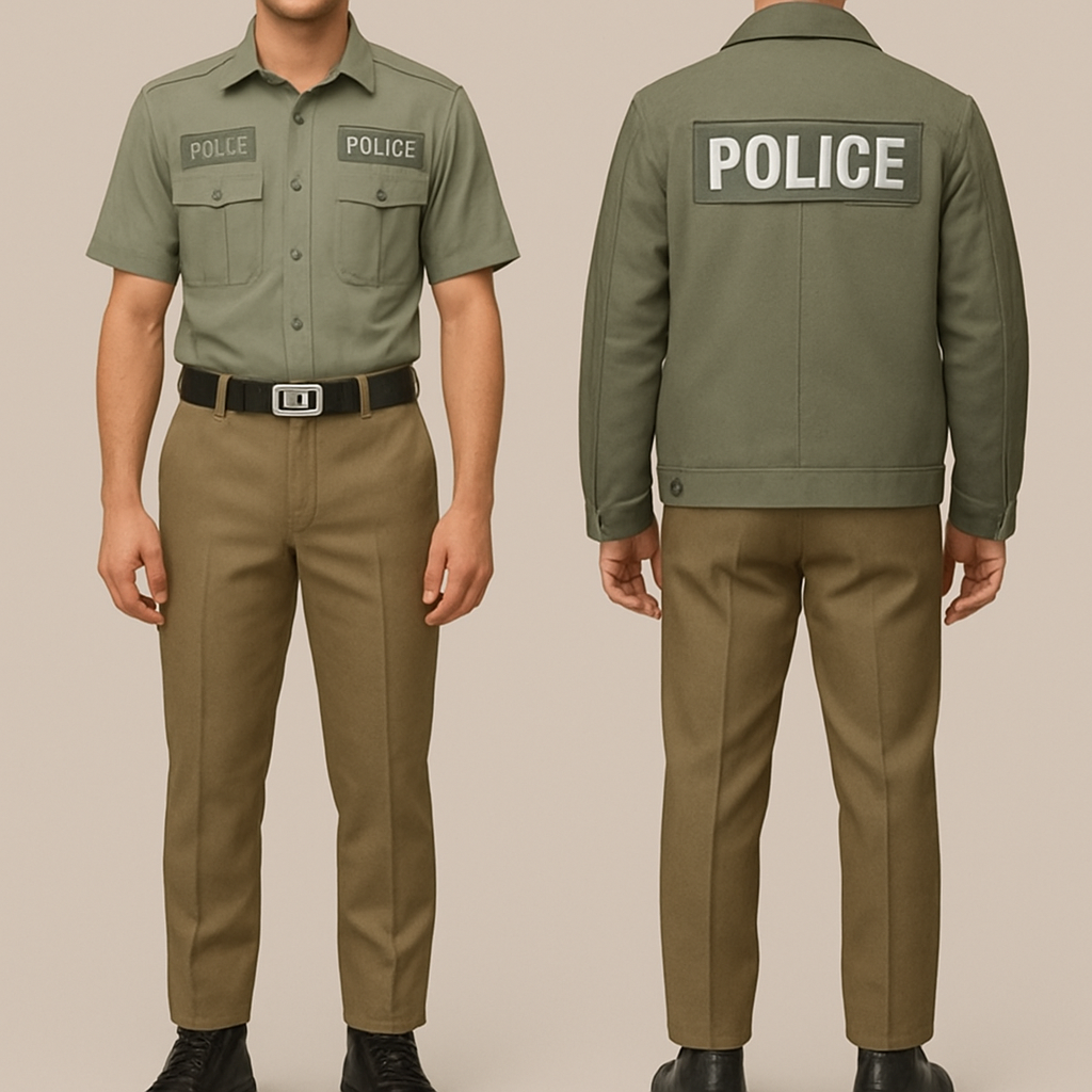 Uniform of a newly created wing of police that deals with serious and organised crime and investigations. The summer one consists of trousers and shirt whereas the in winter coat/jacket is also added. The colours include earthy and pastel shades. The boots are leather and black. The belt should not be too thin and its buckle can be steel plate with CCD written on it.
Uniform of a newly created wing of police that deals with serious and organised crime and investigations. The summer one consists of trousers and shirt whereas the in winter coat/jacket is also added. The colours include earthy and pastel shades. The boots are leather and black. The belt should not be too thin and its buckle can be steel plate with CCD written on it. , classic style, show front and back