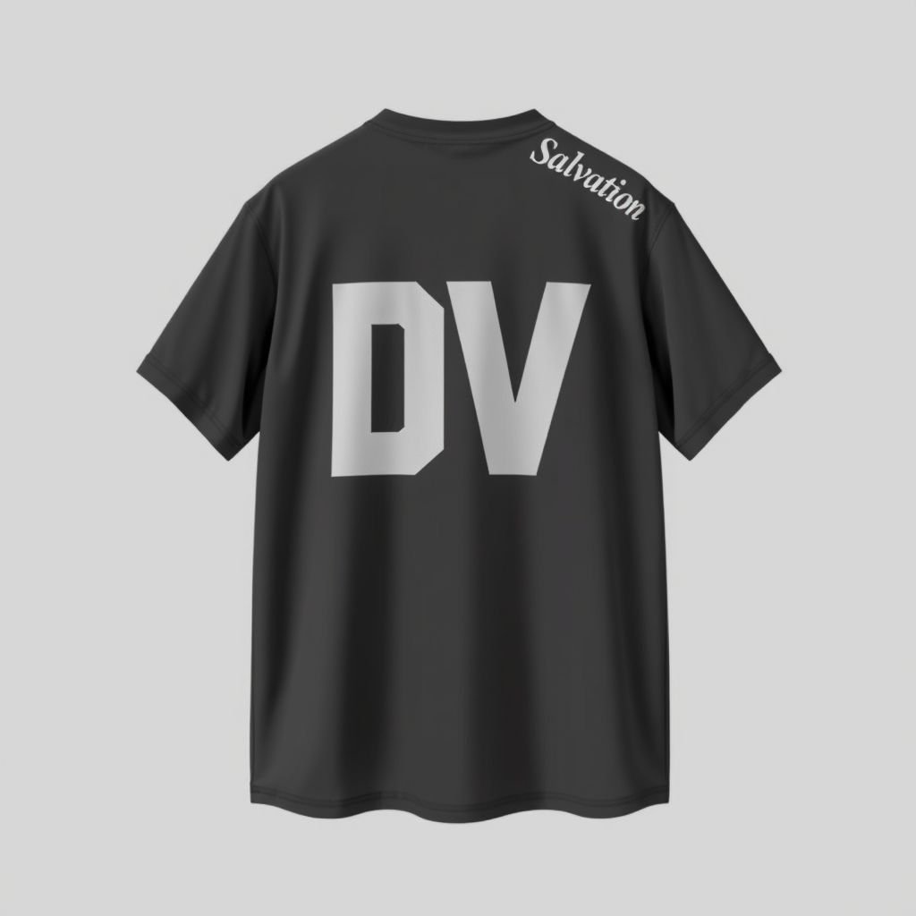 Men’s Shirt, salvation across shoulders on back of shirt. Grey on grey, dark grey/light grey. Oversized streetwear shirt. With “DV” on front in top left
Design an oversized streetwear shirt that embodies urban culture. The front features a bold "DV" in contrasting light grey, while the back showcases "Salvation" elegantly draped across the shoulders in a dark grey. Fabric textures merge a soft, breathable cotton with a sleek, modern fit, blending comfort and edgy style effortlessly.