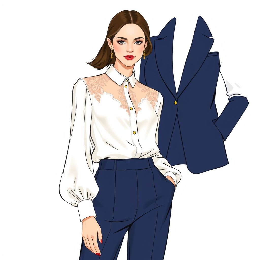 top and bottom style Ralph Lauren
Design a stunning, elegant ensemble inspired by Ralph Lauren’s classic sophistication. The top features a fitted silk blouse with delicate lace accents and billowing sleeves, complemented by high-waisted, tailored trousers in rich navy. Incorporate subtle gold embellishments and a structured blazer to elevate the look, perfect for a refined evening affair.