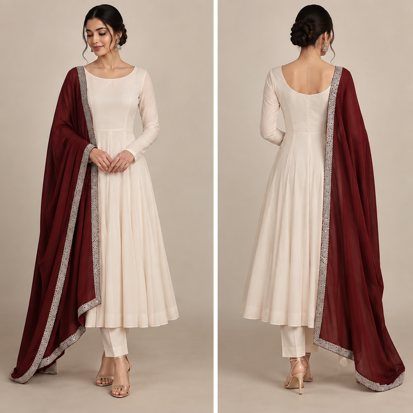 Abarkali di lenght short krke pajami neeche vali dikho te heel heel pvaao
edit the attached fashion design with these instructions: Abarkali di lenght short krke pajami neeche vali dikho te heel heel pvaao. keep it photorealistic, just the design no text