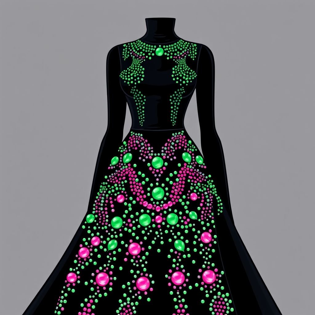 Create a sleeveless bodice straight gown dress with turtleneck for a slim lady with big and small sizes of green and pink rhinestones all over
Design a figure-hugging sleeveless gown that combines sophistication with playful glamour. The bodice features a chic turtleneck, while the flowing skirt cascades to the floor, adorned with an intricate pattern of shimmering green and pink rhinestones. This eye-catching ensemble reflects elegance, perfect for a nighttime gala or an upscale event.