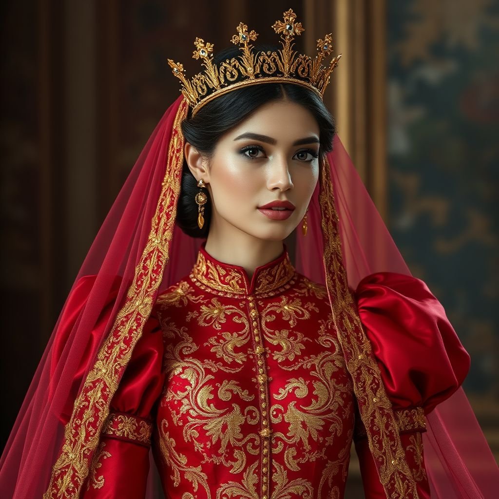 Sexy Fantasy inspired royal gown, red, gold accessories, intricate details, and veil
Envision a captivating royalcore gown that exudes opulence and elegance. Crafted from flowing crimson silk, adorned with delicate gold embroidery and intricate beadwork. The silhouette features a high neckline and puffed sleeves, while a sheer veil cascades gracefully. Complete the ensemble with ornate gold accessories and an enchanting regal crown, embodying majestic allure.