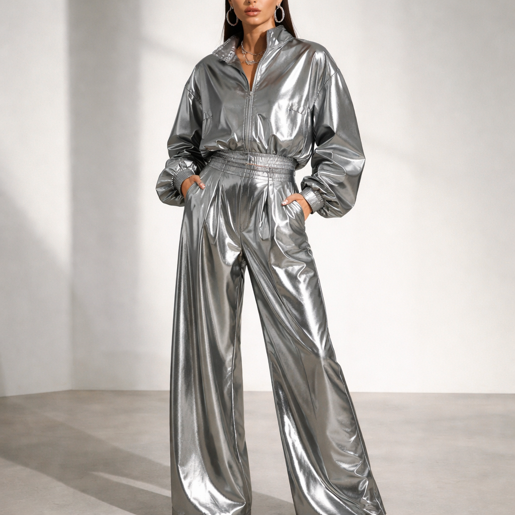MATALIC SET - JACKET AND PANTS OVERSIZED AND LINED
METALLIC SET. JACKET: oversized, boxy, lined, shiny metallic fabric, full-zip. PANTS: wide-leg, high-waisted, lined, shiny metallic fabric.