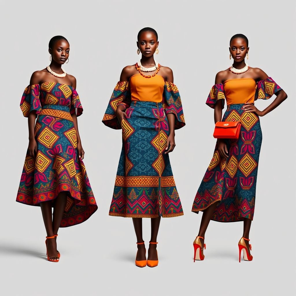 Kente flare skirt with simple top
Design a stunning Kente flare skirt, infused with bold, vibrant patterns and intricate geometrical motifs typical of traditional African textiles. Pair it with a minimalist, off-the-shoulder top in solid earth tones, accentuated by statement beadwork and wide, bright accessories. Emphasize cultural heritage while ensuring a contemporary, chic silhouette.