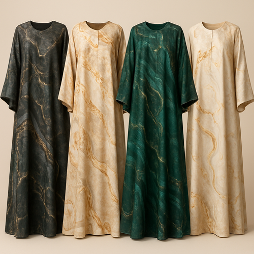 Create a modest boubou, the first of its kind, featuring a unique stone design that exudes a classy and sophisticated vibe. I'd like four designs, each showcasing different styles and fabrics. Incorporate high-end, unique chic stone designs to make them truly special. Add little sophisticated stone designs.