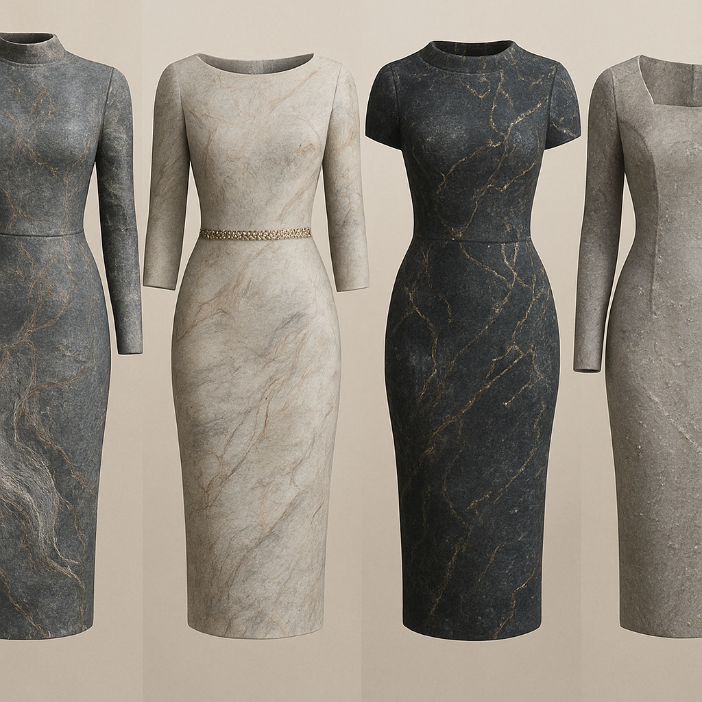 Create a modest sexy elegant fittted dress, the first of its kind, featuring a unique stone design that exudes a classy and sophisticated vibe. I'd like four designs, each showcasing different styles and fabrics. Incorporate high-end, unique chic stone designs to make them truly special. Add little sophisticated stone designs.
Create a modest sexy elegant fittted dress, the first of its kind, featuring a unique stone design that exudes a classy and sophisticated vibe. I'd like four designs, each showcasing different styles and fabrics. Incorporate high-end, unique chic stone designs to make them truly special. Add little sophisticated stone designs.