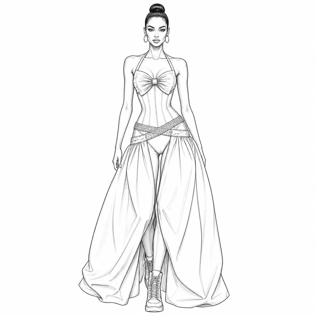 FASHION DESIGN NOTE
Female fashion croquis in a runway walking pose with an exaggerated hourglass silhouette, tiny waist, long legs, and a sleek high bun hairstyle.
TOP:
A fitted halter-neck corset top. Two thin straps rise from the outer bust and connect behind the neck. The bust is formed by a large symmetrical bow made from gathered fabric. The bow has a tight center knot with visible pleating radiating outward on both sides. The neckline creates a soft sweetheart shape. The bodice is skin-tight and heavily waist-cinching, ending just above the hips.
WAIST DETAIL:
Three separate crystal-studded belts wrap diagonally around the low hip area. The belts overlap each other, creating an asymmetrical layered sash effect. Each belt is fully covered in small rhinestone embellishments.
BOTTOM:
The base is a high-cut fitted bodysuit. Attached beneath the crystal hip belts are extremely oversized baggy trousers. The legs are very wide, dramatic, and voluminous, creating a baggy pant vibes. it starts from the waist
FOOTWEAR:
High-top lace-up sneakers with a rounded toe and slightly chunky sole. The sneakers are visible beneath the open-front trousers.
AESTHETIC:
Luxury streetwear, Y2K glamour, runway couture, feminine but edgy, rebellious baddie fashion, sporty-meets-glamorous styling. Clean fashion illustration, black line art, professional fashion sketch, white background, minimal shading, highly detailed garment construction.
IMPORTANT:
Keep the bow exactly centered on the bust, keep the three rhinestone belts overlapping diagonally on the hips, keep the trousers extremely baggy and floor-length, and keep the high-top sneakers visible. Maintain the exact proportions and silhouette of a professional fashion croquis.. Nigeria fashion aesthetics. Design with modest coverage.
photorealistic fashion design, FASHION DESIGN NOTE
Female fashion croquis in a runway walking pose with an exaggerated hourglass silhouette, tiny waist, long legs, and a sleek high bun hairstyle.
TOP:
A fitted halter-neck corset top. Two thin straps rise from the outer bust and connect behind the neck. The bust is formed by a large symmetrical bow made from gathered fabric. The bow has a tight center knot with visible pleating radiating outward on both sides. The neckline creates a soft sweetheart shape. The bodice is skin-tight and heavily waist-cinching, ending just above the hips.
WAIST DETAIL:
Three separate crystal-studded belts wrap diagonally around the low hip area. The belts overlap each other, creating an asymmetrical layered sash effect. Each belt is fully covered in small rhinestone embellishments.
BOTTOM:
The base is a high-cut fitted bodysuit. Attached beneath the crystal hip belts are extremely oversized baggy trousers. The legs are very wide, dramatic, and voluminous, creating a baggy pant vibes. it starts from the waist
FOOTWEAR:
High-top lace-up sneakers with a rounded toe and slightly chunky sole. The sneakers are visible beneath the open-front trousers.
AESTHETIC:
Luxury streetwear, Y2K glamour, runway couture, feminine but edgy, rebellious baddie fashion, sporty-meets-glamorous styling. Clean fashion illustration, black line art, professional fashion sketch, white background, minimal shading, highly detailed garment construction.
IMPORTANT:
Keep the bow exactly centered on the bust, keep the three rhinestone belts overlapping diagonally on the hips, keep the trousers extremely baggy and floor-length, and keep the high-top sneakers visible. Maintain the exact proportions and silhouette of a professional fashion croquis.. Nigeria fashion aesthetics. Design with modest coverage., just the design no text