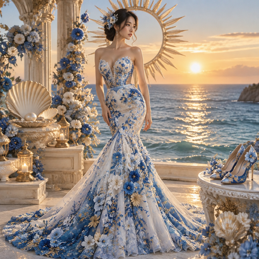 Make a blue and white and baby blues and dark blue and a little hint of gold flowers in a mermaid wedding dress with Ninjin, the sun with shells in the background with an ocean with gorgeous high heels that match
photorealistic fashion design, Make a blue and white and baby blues and dark blue and a little hint of gold flowers in a mermaid wedding dress with Ninjin, the sun with shells in the background with an ocean with gorgeous high heels that match, scene style, just the design no text