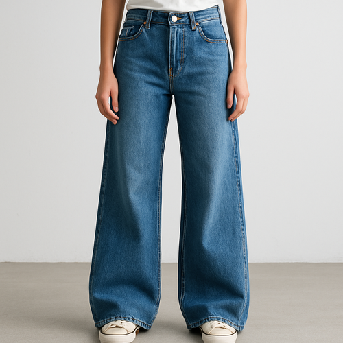 A baggy jean tight on the thighs and from nee down ward wide legged