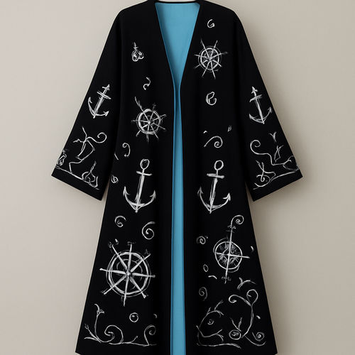 صمم لي عبايه بلون ازرق سماوي من الداخل ومن الخارج لون اسود مثل رداء الفراشه  ومن الخارج رسومات علامه قبطان 