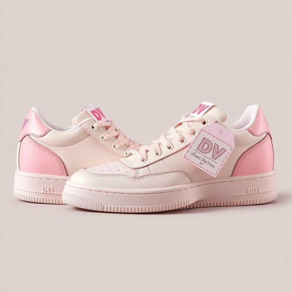 Beige and pink sneakers, low top. I don’t want it chunky at the bottom. Give it a 90’s YK2 look. Put DV on the tounge and Da’Vine on the tag
Design a pair of low-top sneakers in a soft beige and pastel pink palette, embodying the playful spirit of 90s Y2K fashion. Feature sleek lines and a retro silhouette, avoiding chunky soles. Embellish the tongue with a bold "DV" logo and attach a vintage-inspired tag reading "Da’Vine" for authenticity.
