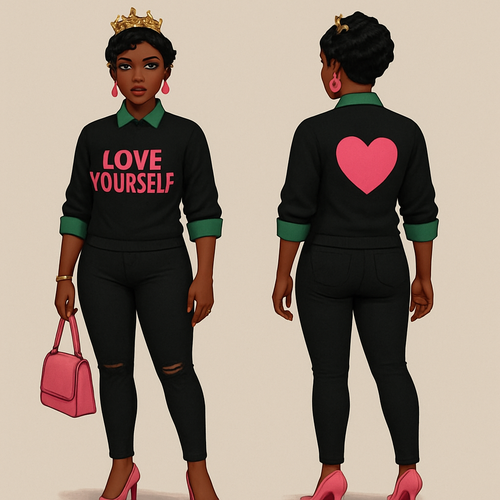 Black woman
Finger waves 
Gold crown 

Green collared shirt black sweater shirt
Love yourself in pink on shirt 
On the back a heart 
sleeves rolled up
pink heels 
Pink pursue 
Pink earrings 
Gold bracelet and gold rings 
Tight black pants with rips
