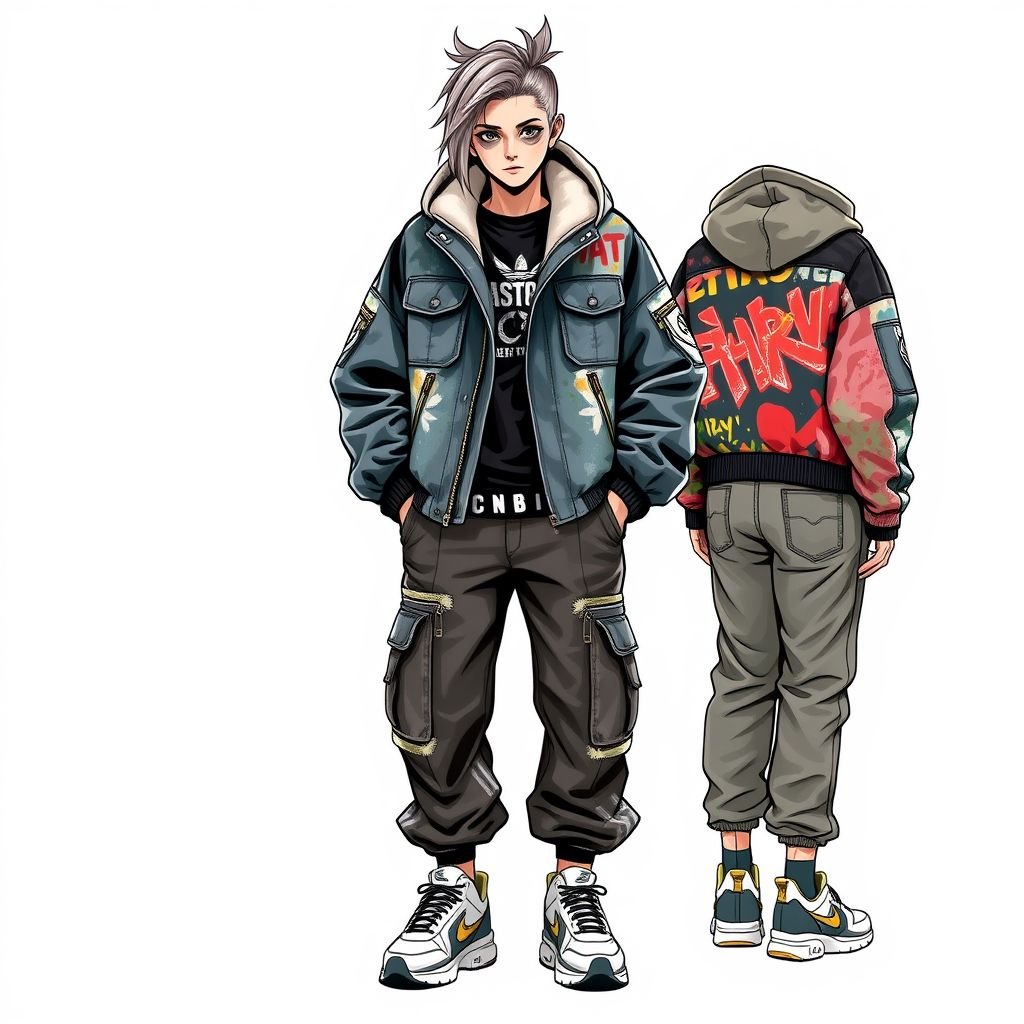 Garment
Design an oversized, streetwear-inspired jacket featuring bold, graphic prints that blend urban art and graffiti. Incorporate functional elements like zipper pockets and adjustable straps. Use a mix of textures—shiny nylon, soft fleece, and distressed denim. Pair with baggy cargo pants and chunky sneakers to create an effortlessly cool, edgy look.