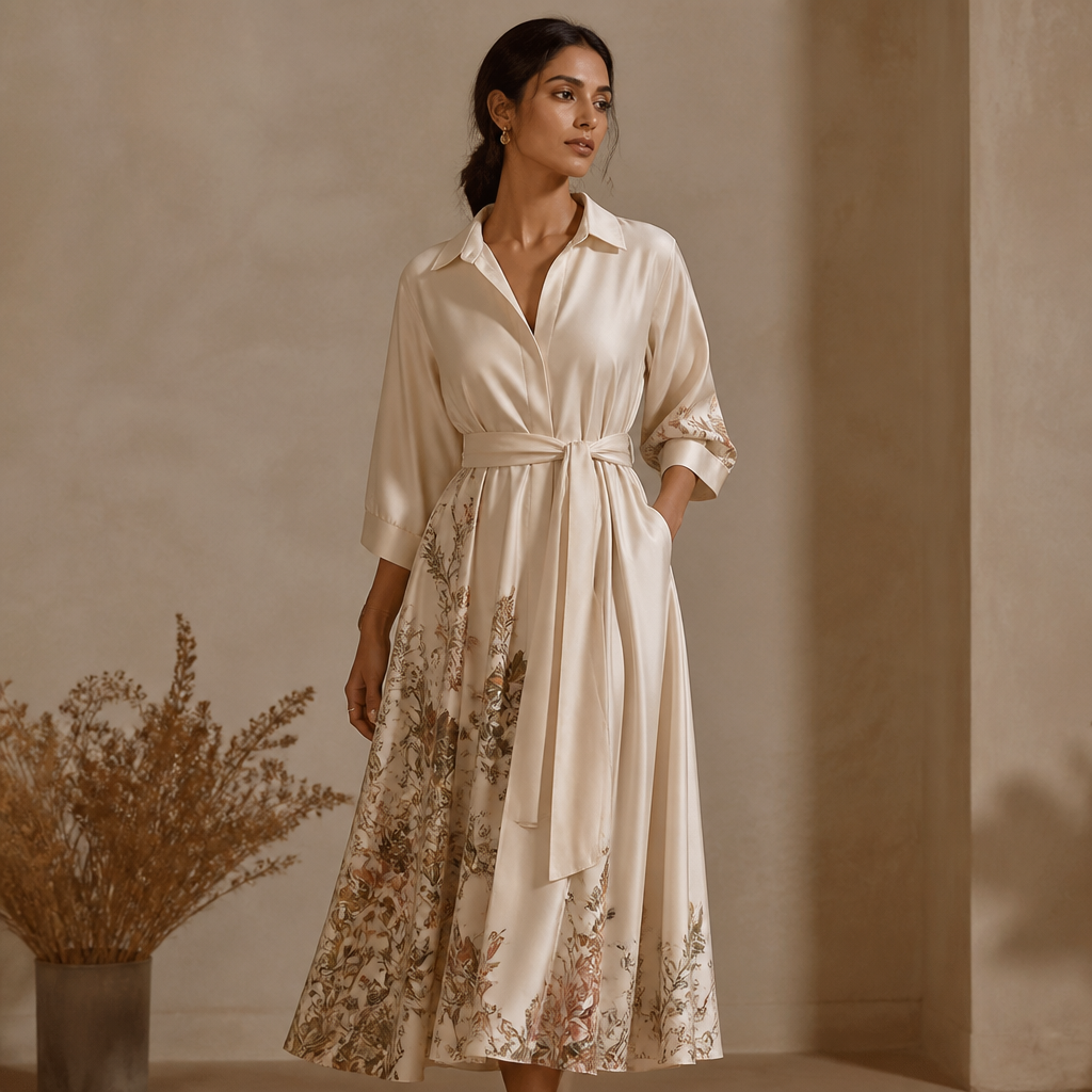 A Dress design, made of Satin, for Work, in Bohemian + Elegant style. India fashion aesthetics.
photorealistic fashion design, A Dress design, made of Satin, for Work, in Bohemian + Elegant style. India fashion aesthetics., bohemian style, just the design no text