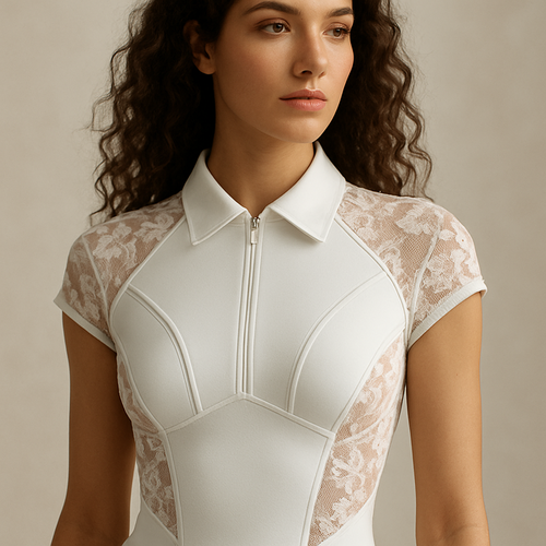 High-fashion white sports top with a structured shirt-style collar and sculpting technical stretch fabric, combined with transparent floral lace inserts on the sides and shoulders. The cut merges the elegance of a blouse with the performance of activewear, giving a chic, architectural silhouette. Model: 32 years old, 170cm, 58kg, long curly hair. Neutral luxury studio, soft shadows, focus on texture and lace detail, ultra-detailed 8K, fashion editorial, Lauren Secret couture sport aesthetic.”