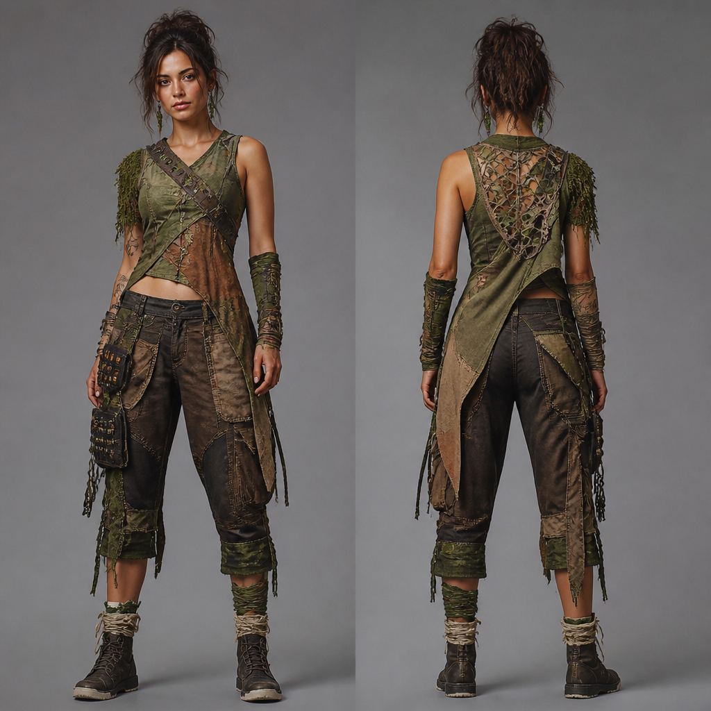 Solarpunk, earthy everyday outfit
photorealistic fashion design, Solarpunk, earthy everyday outfit , punk style, just the design no text, show front and back
