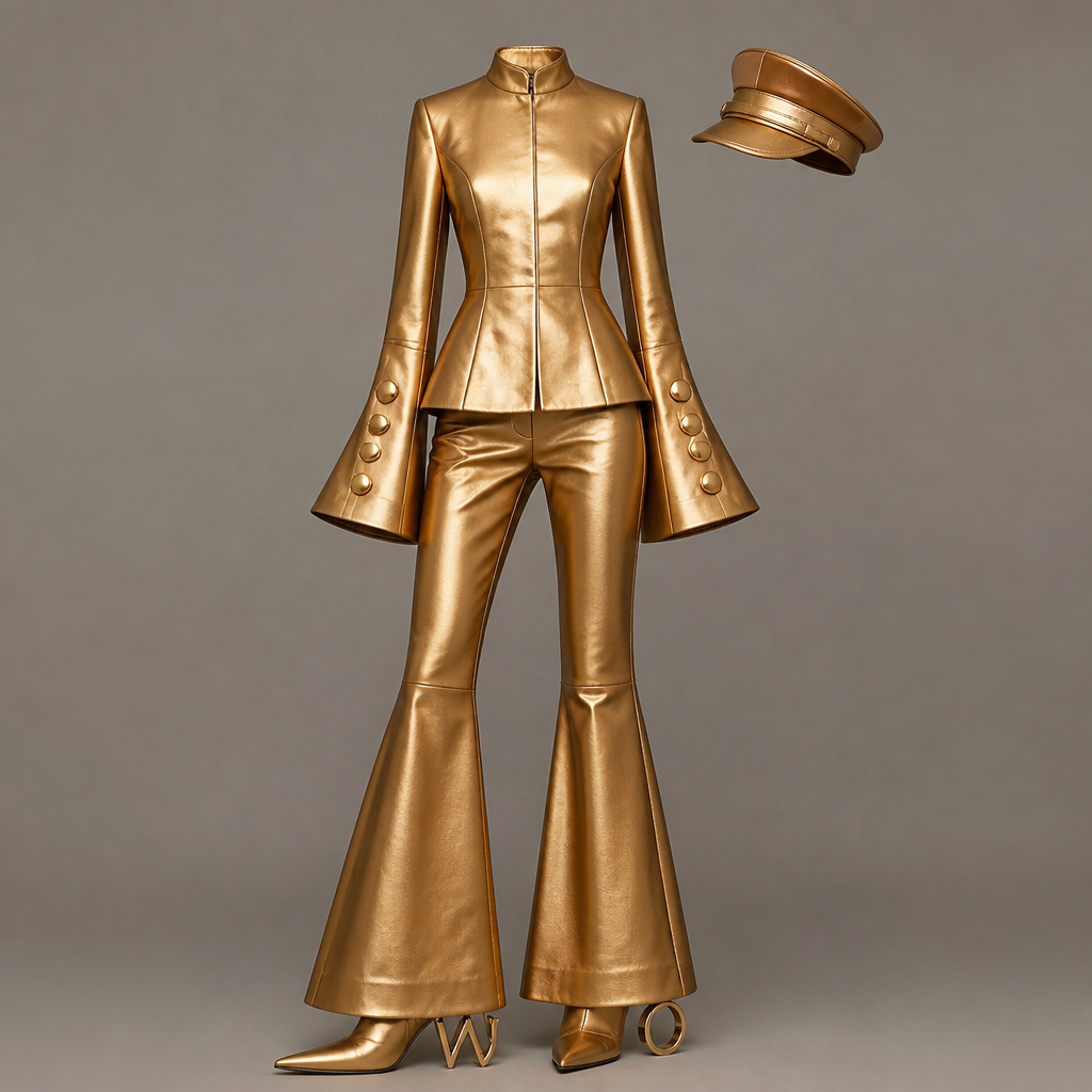 No model just outfit , neru collar gold leather jacket with bell sleeves and four gold buttons on sleeves , Long gold matching leather pants fitted pants from knee down make the pants with a large bell legs and gold pointy toe gold and gold heels shaped with a W and a O and a gold leather captain leather and suede hat
photorealistic fashion design, No model just outfit , neru collar gold leather jacket with bell sleeves and four gold buttons on sleeves , Long gold matching leather pants fitted pants from knee down make the pants with a large bell legs and gold pointy toe gold and gold heels shaped with a W and a O and a gold leather captain leather and suede hat , leather style, just the design no text